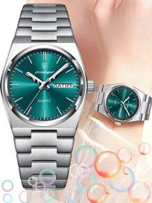 POEDAGAR 1件优雅女士不锈钢日期星期石英表，时尚女士手表，防水夜光，商务女士手表，适合工作场合，女士礼物