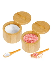 Bamboo Small Salt And Pepper Bowls, Divided Salt Cellar With Swivel Lid And Spoon, Seasoning Containers With Magnetic Lid To Keep Dry, Mini Spoon Built Into Top - Bamboo - View 4