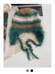 1buc drăguț corn de diavol Y2K colorblock cu dungi Fuzzy Earmuff tricot pălărie beanie, căciulă caldă de pluș cu cravată, balaclava
