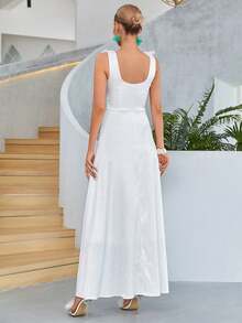Vestido elegante y sencillo para fiesta, boda o cóctel con volantes y abertura lateral, color liso - Blanco - Ver 5