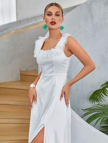 Vestido elegante y sencillo para fiesta, boda o cóctel con volantes y abertura lateral, color liso - Blanco - Ver 6