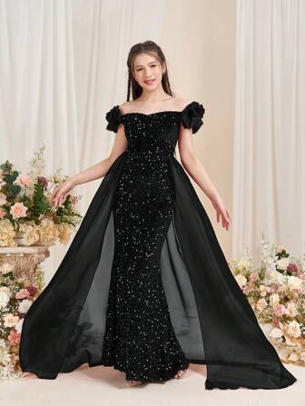 Teen Girl Elegant Off-Shoulder Mermaid Evening Gown With Ruffled Detailing & Flowing Organza Sheer Panels Formal Dresses For Graduation Proms