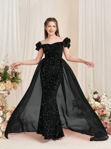 Teen Girl Elegant Off-Shoulder Mermaid Evening Gown With Ruffled Detailing & Flowing Organza Sheer Panels Formal Dresses For Graduation Proms