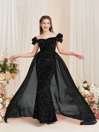 Elegant sjöjungfruklänning med bar axel och volang, böljande organzapaneler, formella klänningar för examensbaler