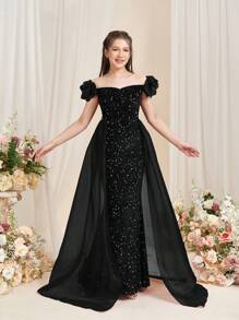 Teen Girl Elegant Off-Shoulder Mermaid Evening Gown With Ruffled Detailing & Flowing Organza Sheer Panels Formal Dresses For Graduation Proms