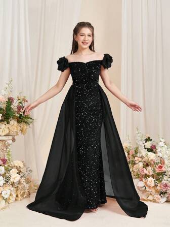 Elegant sjöjungfruklänning med bar axel och volang, böljande organzapaneler, formella klänningar för examensbaler