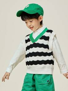 mini bala 男童和女童针织背心宝宝小男孩条纹背心马甲 - 黑與白 - 查看 3