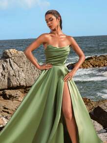 Faeriesty Women Elegant Elegant Ruched Bodice High-Slit Evening Gown – Spring/Summer Formal Dress For Weddings, Galas, Red Carpet Events, Party Dress, Wedding Guest Dress,Summer Holiday Outfits - Green - View 9