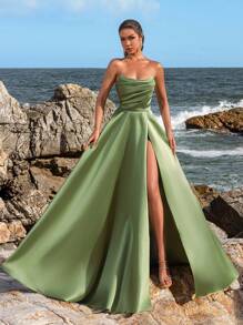 Faeriesty Women Elegant Elegant Ruched Bodice High-Slit Evening Gown – Spring/Summer Formal Dress For Weddings, Galas, Red Carpet Events, Party Dress, Wedding Guest Dress,Summer Holiday Outfits - Green - View 2