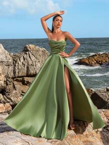 Faeriesty Women Elegant Elegant Ruched Bodice High-Slit Evening Gown – Spring/Summer Formal Dress For Weddings, Galas, Red Carpet Events, Party Dress, Wedding Guest Dress,Summer Holiday Outfits - Green - View 5
