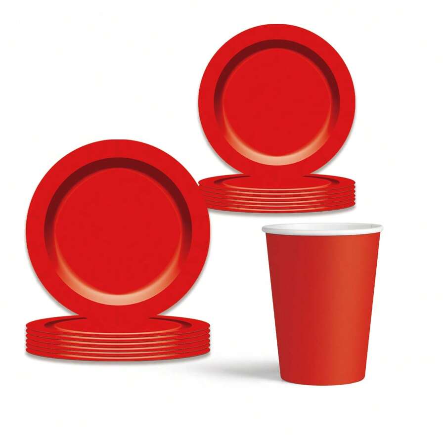 套装/60 件红色一次性派对餐具，包括 9 英寸红色纸盘、7 英寸红色盘子、9 盎司/250 毫升一次性纸杯，适合圣诞节、新年、生日、情人节派对， - 彩色 - 查看 1