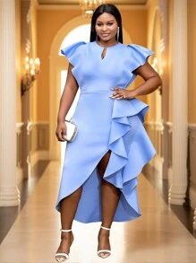 Plus Notched Neckline Butterfly Sleeve Ruffle Trim Split Thigh Dress - Baby Blue - View 4