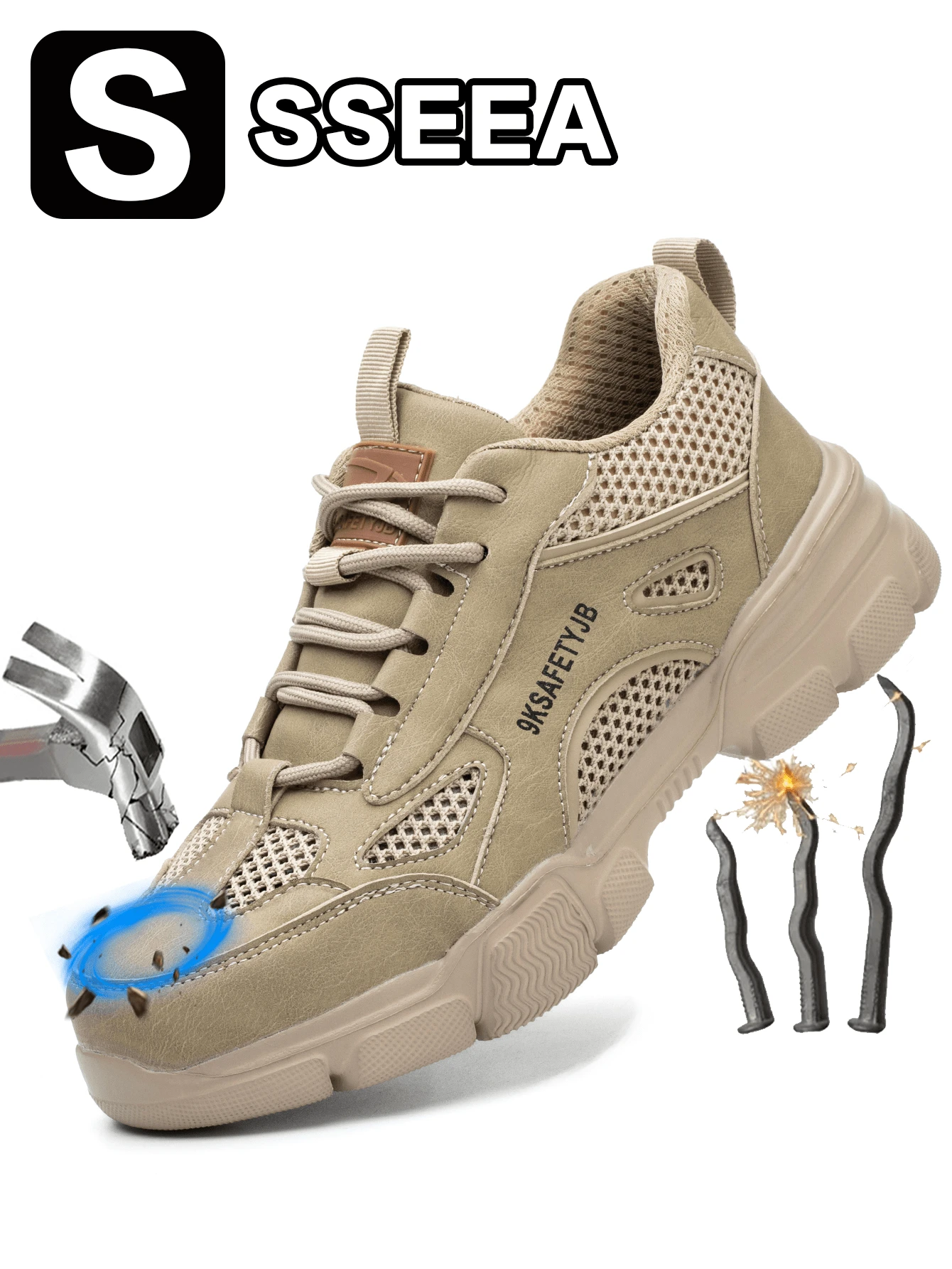 Sapatos de segurança leves e respiráveis para homens, resistentes a esmagamentos e perfurações ao ar livre, com design de malha e biqueira de aço, sapatos protetores de trabalho inquebráveis - Caqui - Visão 1