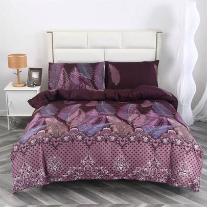 3pcs 100% Polyester Flannel Soft Geometric Floral Bedding Set (1pc Duvet Cover + 2pcs Pillowcases), No Filler