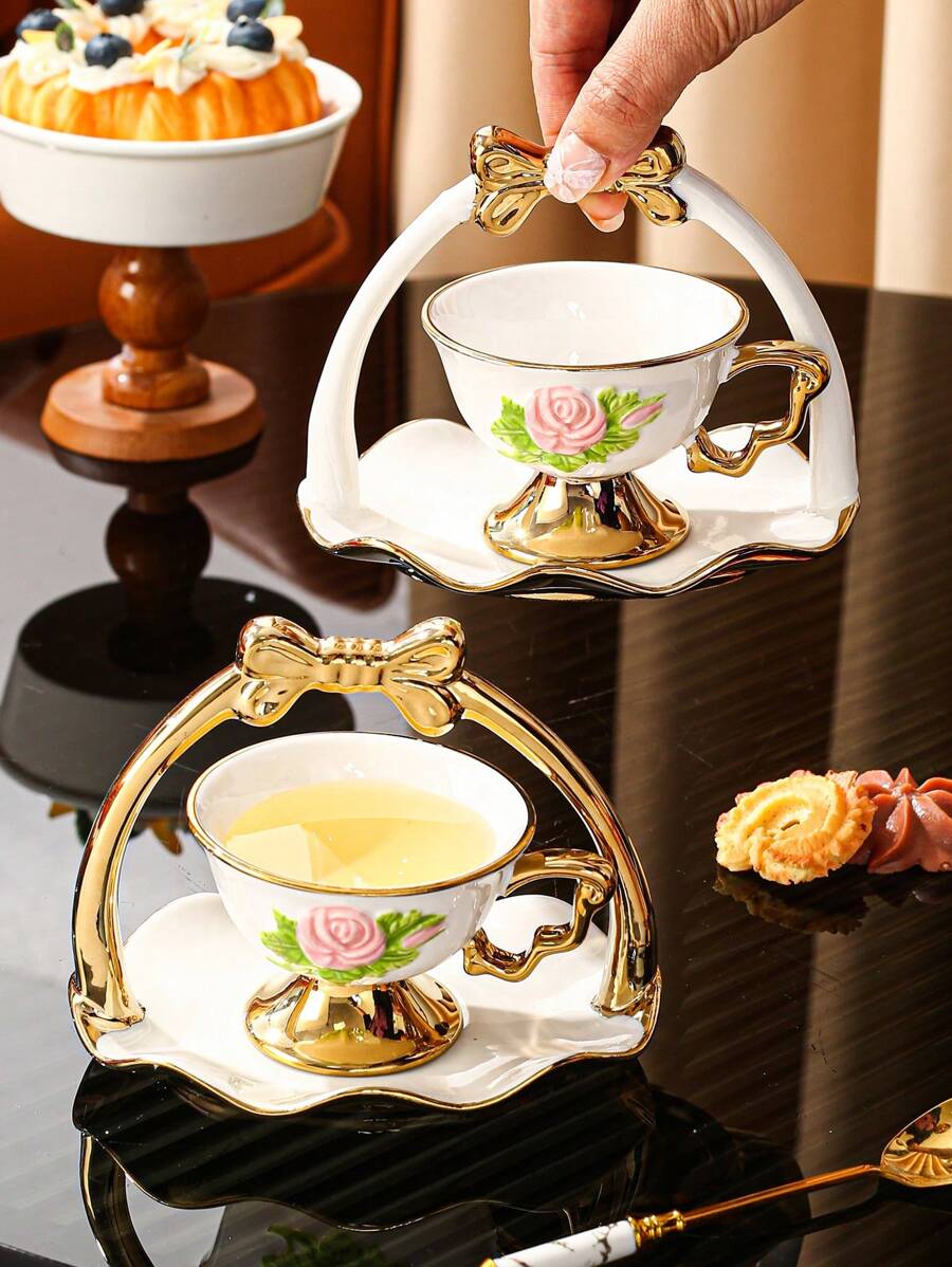 1 套陶瓷咖啡杯和碟，适用于家庭、厨房、餐厅、客厅，用于盛放茶、咖啡、牛奶、果汁，适用于户外、婚礼、派对、礼物、生日