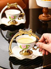 1 套陶瓷咖啡杯和碟，适用于家庭、厨房、餐厅、客厅，用于盛放茶、咖啡、牛奶、果汁，适用于户外、婚礼、派对、礼物、生日