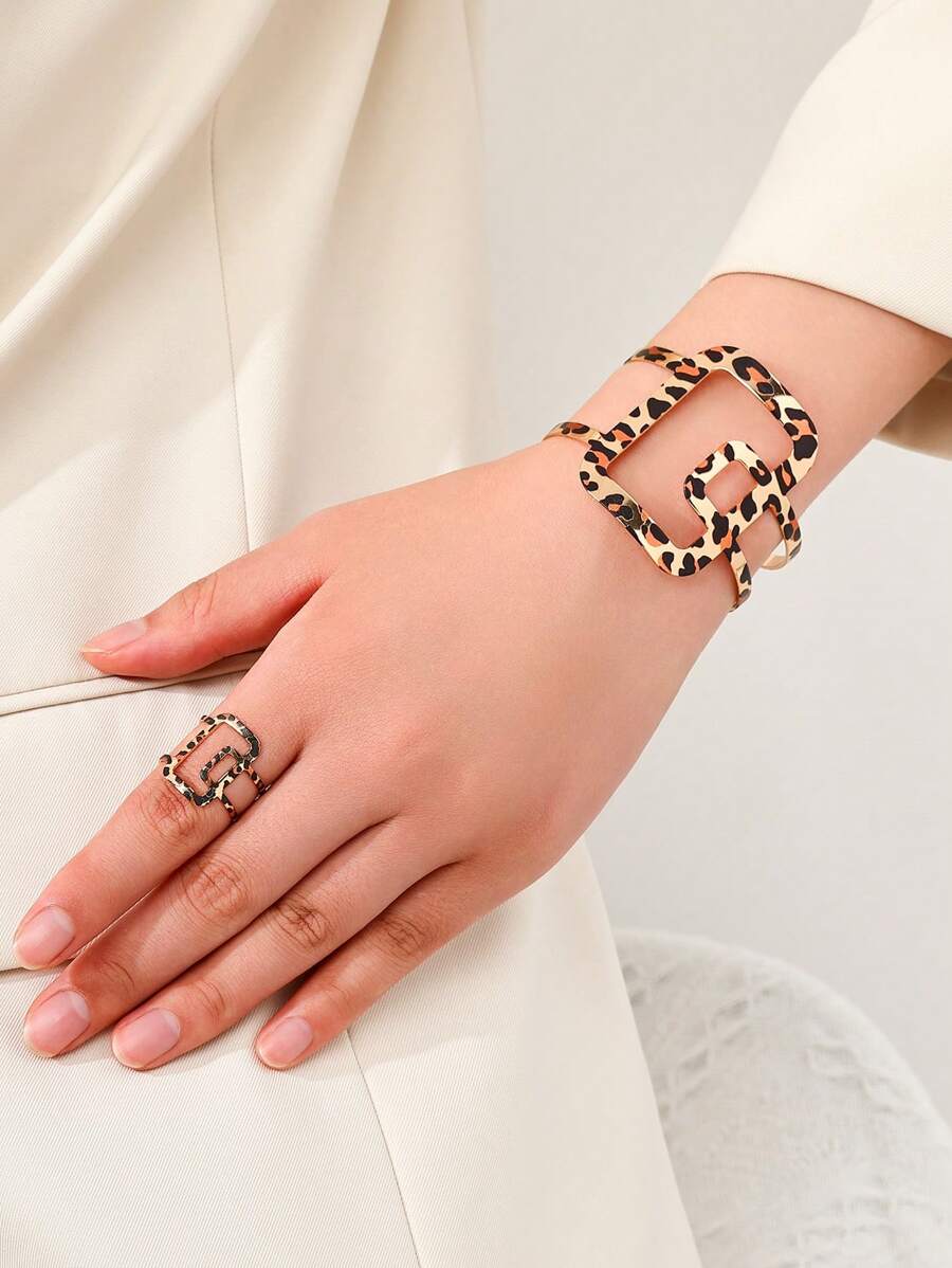1 Ring + 1 Bracelet Fashion Simple Sleek Design Metal Square Unique Leopard Print Openable Bracelet Ring Jewelry Set For Women - Geometric Square - View 1