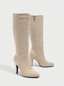 秋冬新款欧美时尚热销尖头粗跟侧拉链女士百搭及膝马靴 - 杏色 - 查看 7