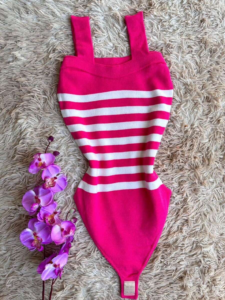 Striped Modal Bodysuit New Women's Fashion Collection - 玫紅色 - 查看 1