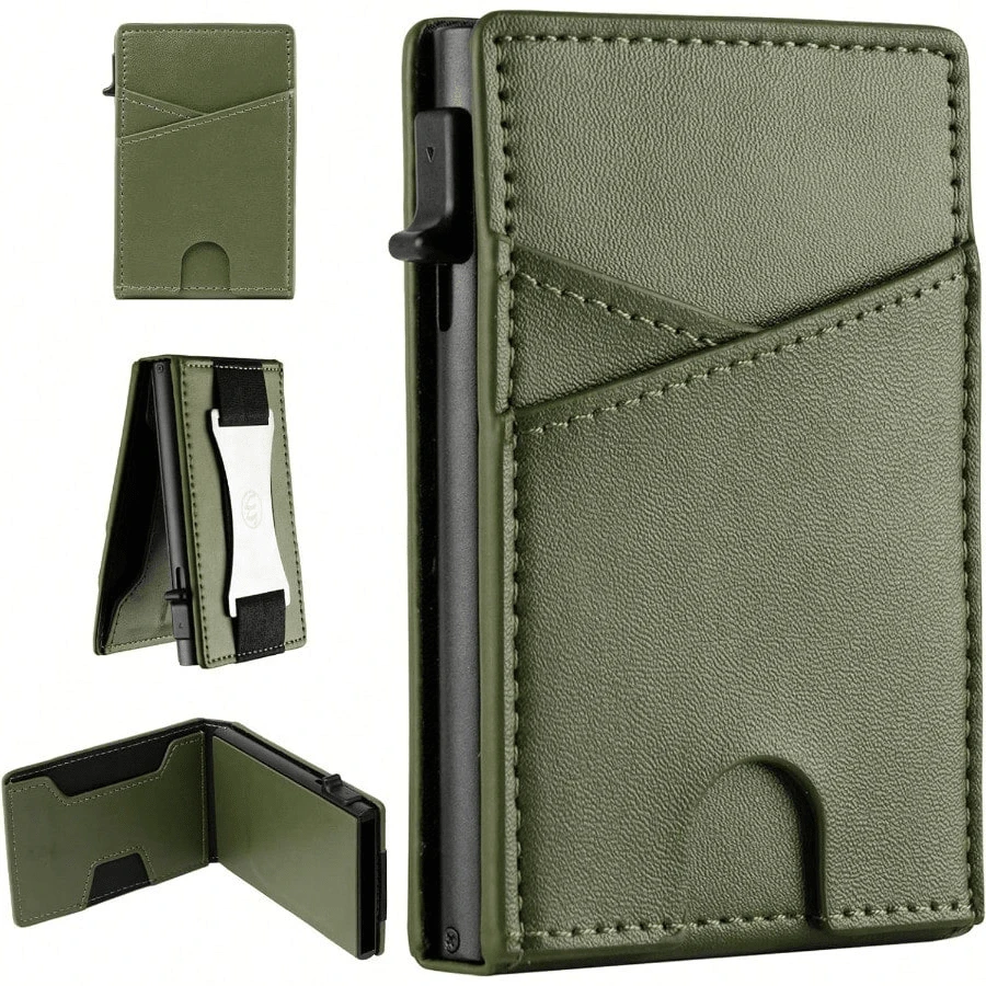 Minimalist Slim Mens Wallets Leather Wallet For Men With POP UP Wallet Card Holder Fits Front Pocket, Bifold Mens Wallets RFID Blocking With Metal Money Clip, Cash Slot, Gift Box - màu xanh lá - Xem 1