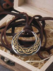 Vintage Viking Celtic Knot Round Pendant Necklace, Adjustable PU Leather Chain, Norwegian Nordic Style Jewelry, Fashion Party Accessory, Amulet Birthday Gift - Necklace - View 4