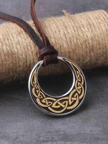 Vintage Viking Celtic Knot Round Pendant Necklace, Adjustable PU Leather Chain, Norwegian Nordic Style Jewelry, Fashion Party Accessory, Amulet Birthday Gift - Necklace - View 2