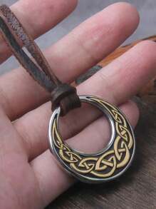 Vintage Viking Celtic Knot Round Pendant Necklace, Adjustable PU Leather Chain, Norwegian Nordic Style Jewelry, Fashion Party Accessory, Amulet Birthday Gift - Necklace - View 5