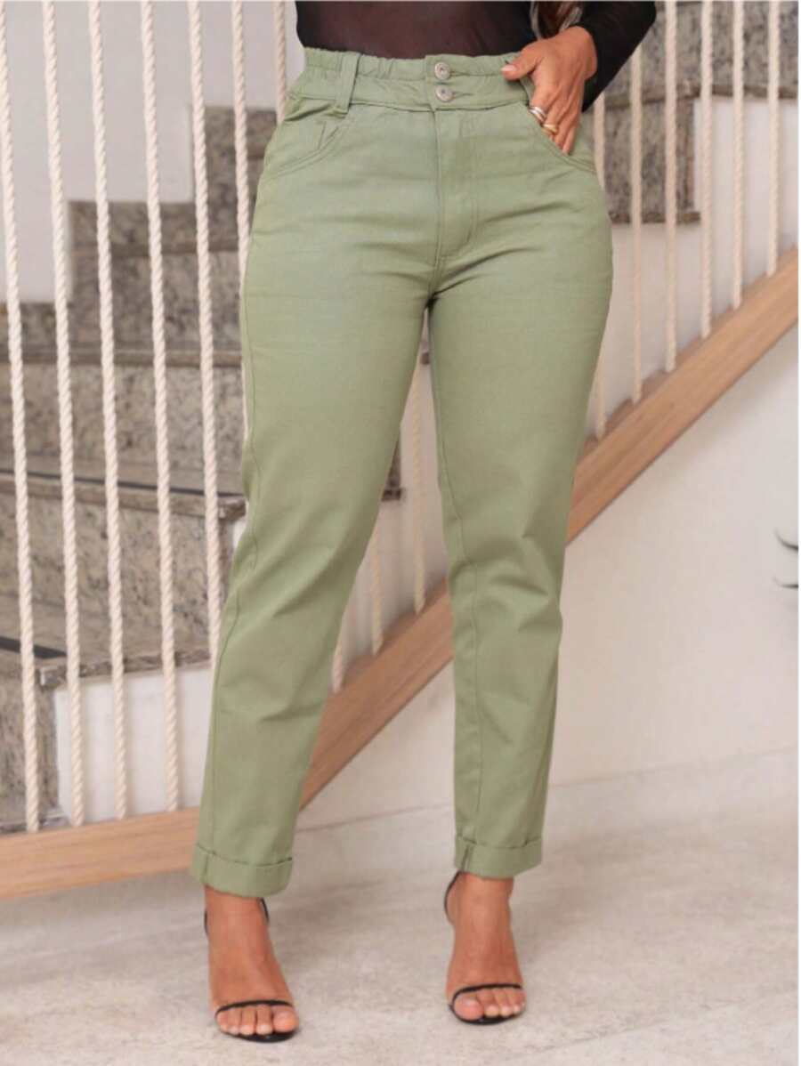 Mom Pants With Elastic Waistband And Folded Hem - 綠色 - 查看 1