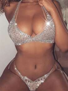 迷人水晶沙滩装身体链，性感夸张比基尼身体首饰，时尚女士配饰 - 金色 - 查看 2