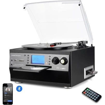 DIGITNOW! Bluetooth Viny Record Player Turntable, CD, Cassette, AM/ FM Radio And Aux In With USB Port & SD Encoding- Remote Control, Built-In Stereo Speaker, Stand Alone Music Player