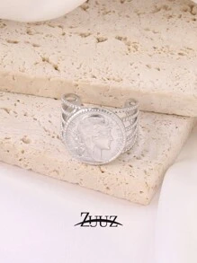 1pc Vintage Stainless Steel Round Coin Ring, Geometric Shape, Punk Hip-Hop Style, Knuckle Open Ring, Fashion Accessory Gift - Ring - View 7