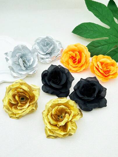 2 chiếc kẹp tóc hình hoa hồng màu vàng, đen, đỏ, bạc, phụ kiện tóc bằng polyester in hoa phong cách Bohemian thanh lịch dành cho nữ, phù hợp cho cả bốn mùa như Lễ Tình nhân, mùa hè, Halloween, trang phục đi nghỉ mát, năm mới, phụ kiện đội đầu, ghim cài tóc.