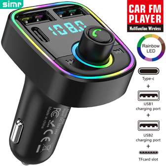 simr Car Bluetooth 5.3 Wireless Handsfree Car FM Transmitter Receiver Radio MP3 Adapter Player 2 USB+PD Charger Kit Bluetooth Car Adapter
