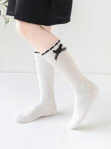 2双公主风荷叶边蝴蝶结装饰图案女童过膝袜 - 白色 - 查看 6