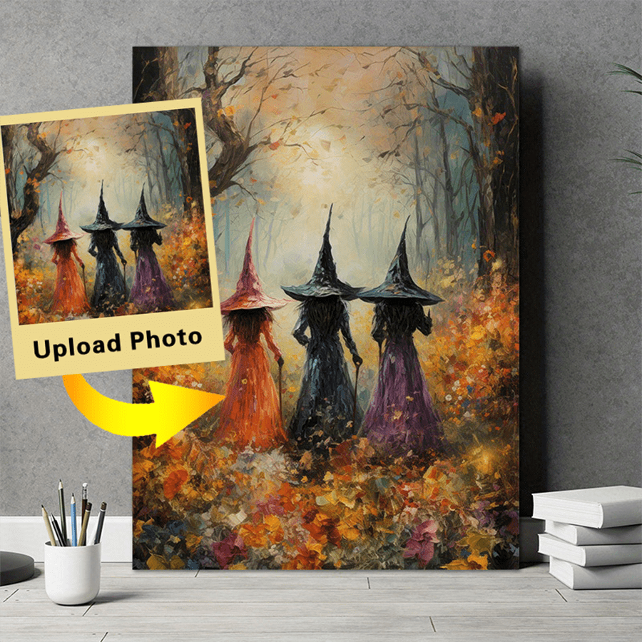 1pc Customer Photo Framed Canvas Painting - Vibrant Witches Coven Scenic Artwork, Spooky Vintage Wall Decor, Perfect Gift For Horror Fans, Modern Artwork For Bedroom And Living Room,Halloween Frames, Upload Your Designs