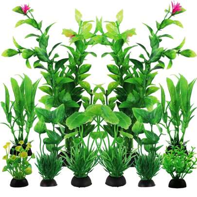 鱼缸配件绿色植物，10 件绿色鱼缸装饰，水族箱装饰塑料植物