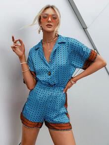 Sollinarry Women's Vintage Floral Print Batwing Sleeve Shirt & Shorts 2Pcs Summer Casual Suit