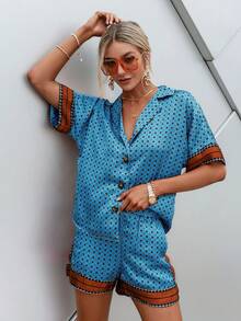 Sollinarry Women's Vintage Floral Print Batwing Sleeve Shirt & Shorts 2Pcs Summer Casual Suit