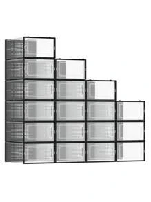 SONGMICS Cajas de Zapatos Plástico, Juego de 18 Organizadores de Almacenamiento, Caja Zapatero Plástico Plegable y Apilable para Zapatillas hasta talla 44, Transparente y Negro - Negro - Ver 1
