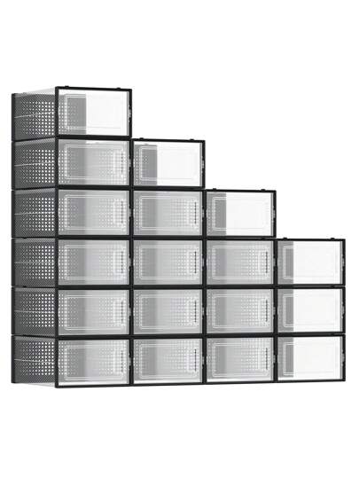  SONGMICS Cajas de Zapatos Plástico, Juego de 18 Organizadores de Almacenamiento, Caja Zapatero Plástico Plegable y Apilable para Zapatillas hasta talla 44, Transparente y Negro MLSP18SBKV1