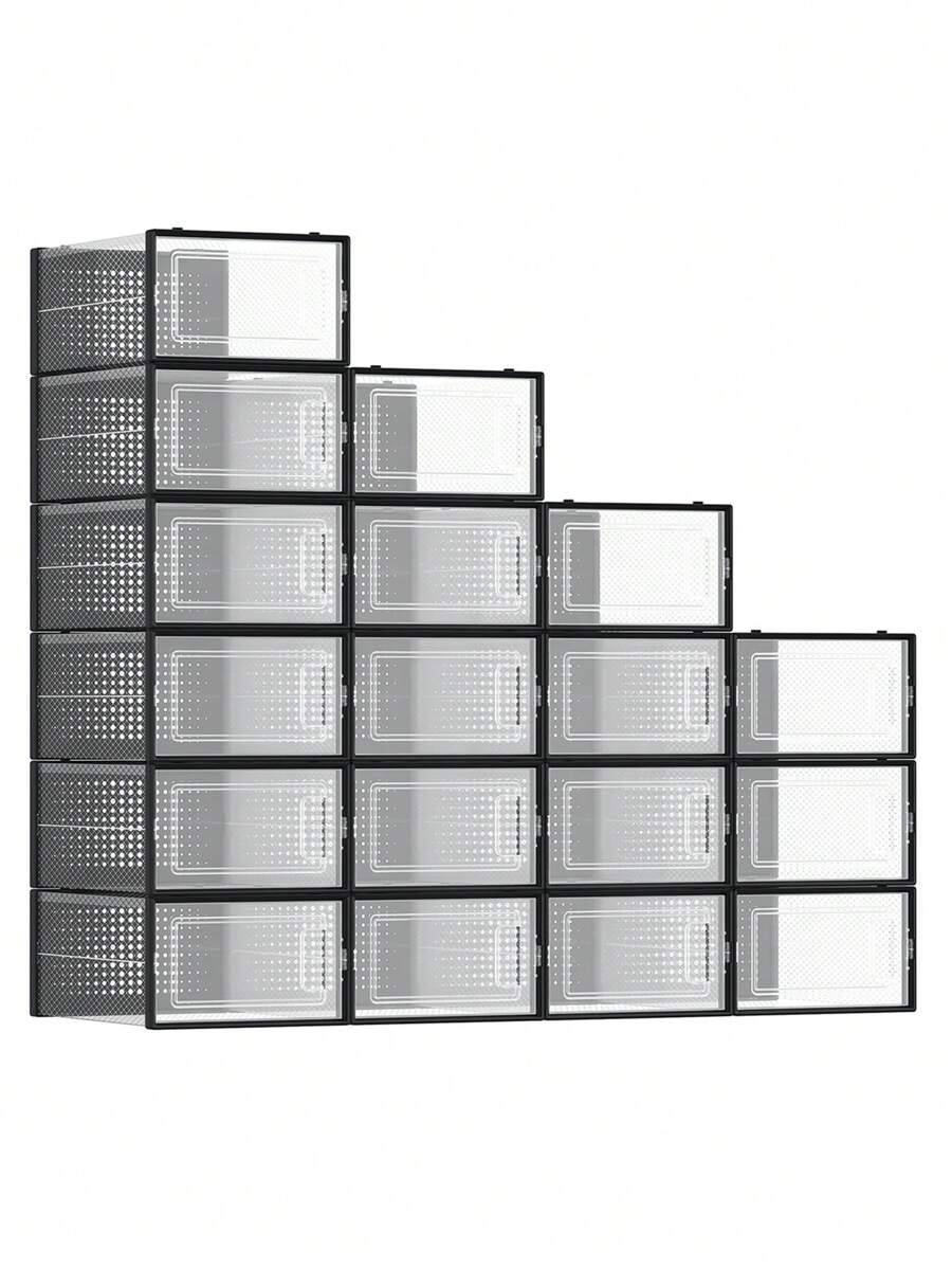 SONGMICS Cajas de Zapatos Plástico, Juego de 18 Organizadores de Almacenamiento, Caja Zapatero Plástico Plegable y Apilable para Zapatillas hasta talla 44, Transparente y Negro - Negro - Ver 1