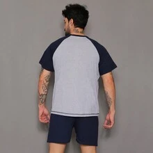 Men's Knitted Pajamas, Shorts And Raglan T-Shirt, Summer - 藍色 - 查看 3