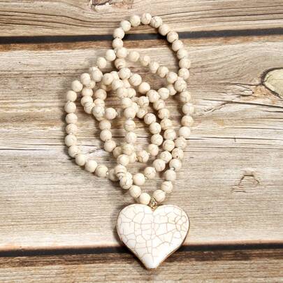 1 件新款时尚波西米亚风格串珠 8 毫米绿松石打结项链配绿松石心形吊坠，适合女性日常佩戴情人节、妈妈、母亲、母亲节、礼物