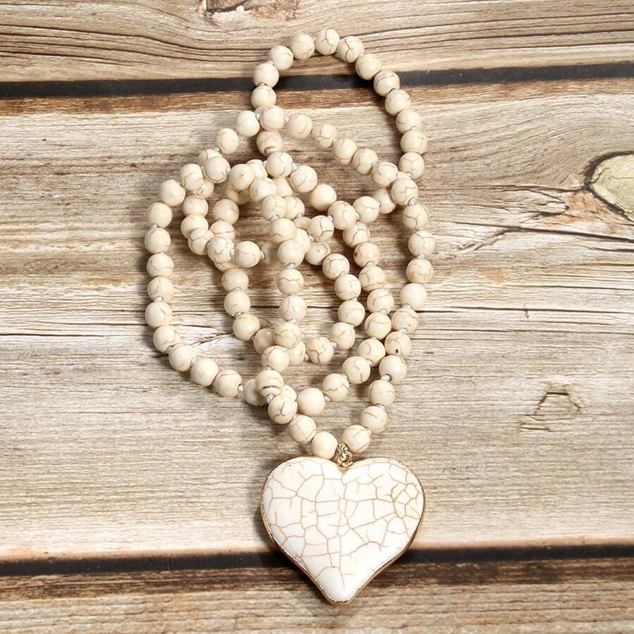 1 件新款时尚波西米亚风格串珠 8 毫米绿松石打结项链配绿松石心形吊坠，适合女性日常佩戴情人节、妈妈、母亲、母亲节、礼物