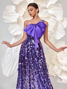 Váy dạ hội dài đính nơ trang trí sequin, váy dạ hội trang trọng, cho tiệc tối khách dự tiệc cưới - Màu tím - Xem 5