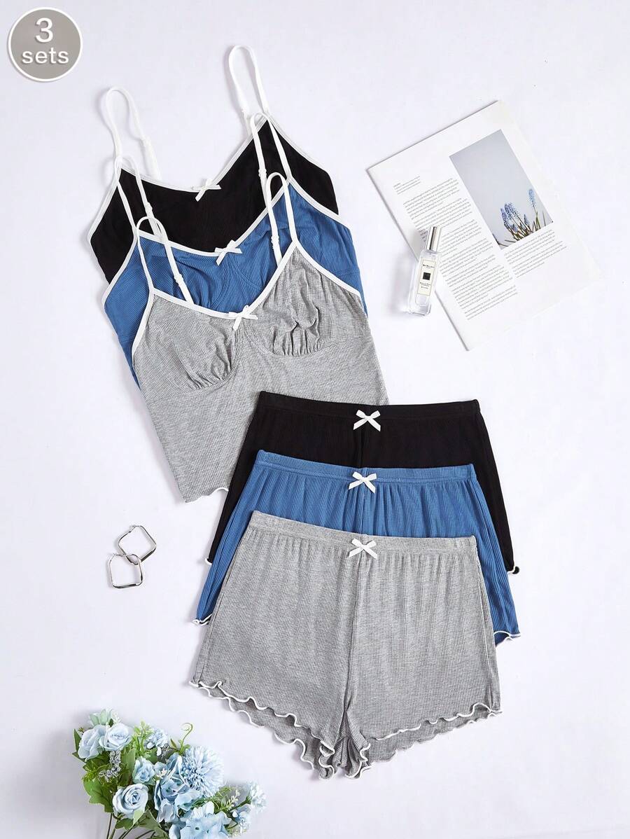 3pcs/Set Women's Solid Color Bow Knot Ruffle Trim Sleepwear Set Lounge Set - Multicolor - View 1