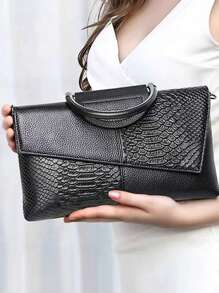 2026 Spring/Summer New Snake Skin Pattern Black Handbag For Women, Cover Style Handbag, Casual And Simple Handbag, And Versatile Single Shoulder Crossbody Bag, Fashionable And Elegant Banquet Bag, Banquet Phone Bag, Wallet - 黑色 - 查看 7