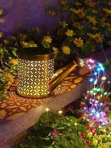 1pc/2pcs Solar Watering Can With Light String, Hanging Solar Waterfall Lamp, Retro Metal Kettle Light, Outdoor Garden Waterproof Decor Landscape Lights Suitable For Home Decor Garden Courtyard Porch Lawn Terrace Path Deck Alley Fence Swimming Pool Area Family Dinner Birthday Party Wedding Decoration Atmosphere Lamps (Warm Light/Color Light)