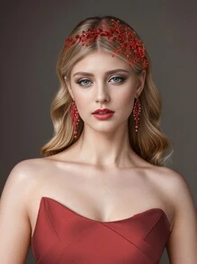 1件水钻花朵发箍，闪亮花环头饰，适合新娘、婚礼、节日、派对、庆典、日常休闲、情人节、新年嘉年华等场合佩戴。 - 紅色 - 查看 2