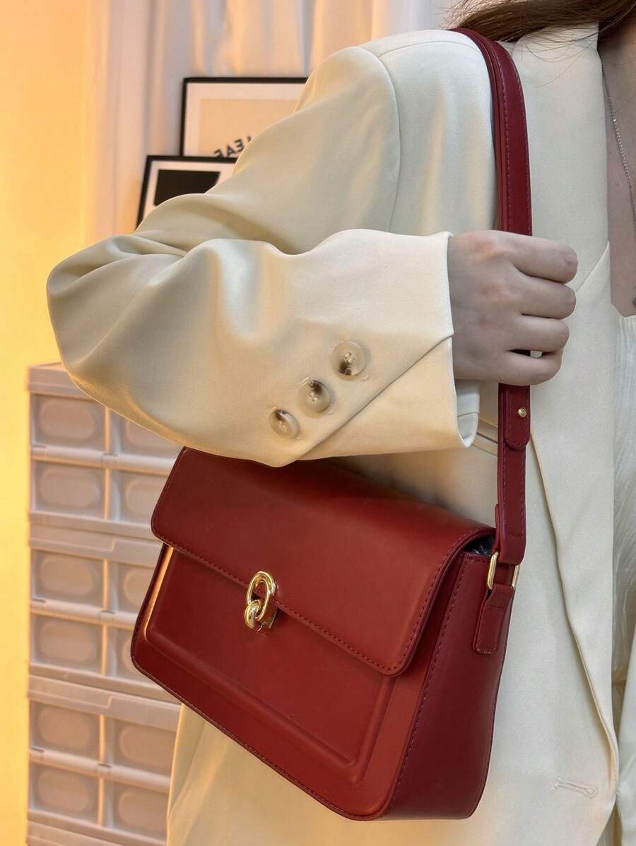 新款时尚复古奢华方形包，容量大，休闲百搭，多功能，配有可调节肩带，适合派对、工作场所、大学、通勤和专业商务女性，单肩包和斜跨包 - 酒紅色 - 查看 1